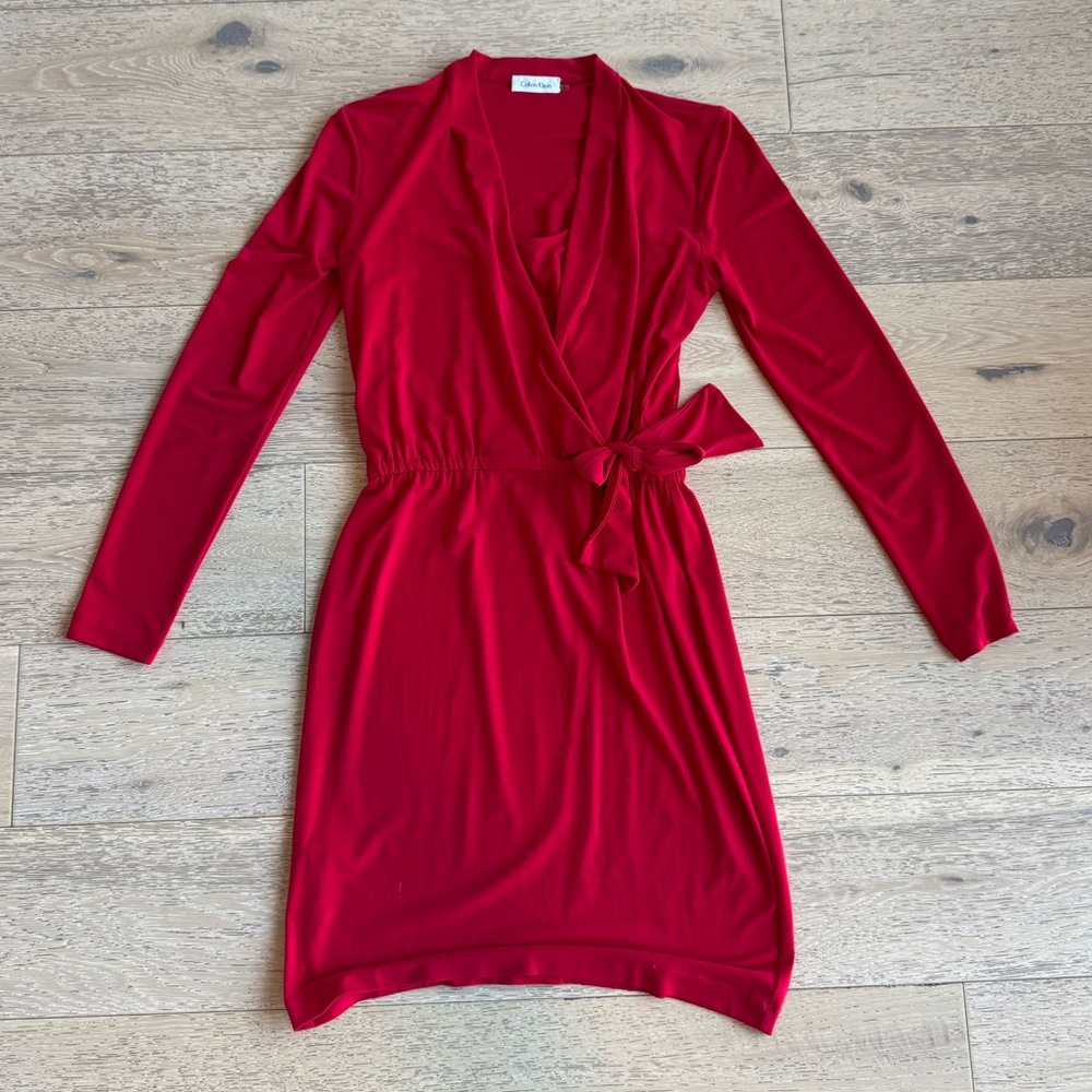 Calvin Klein Red Long Sleeve Wrap Dress